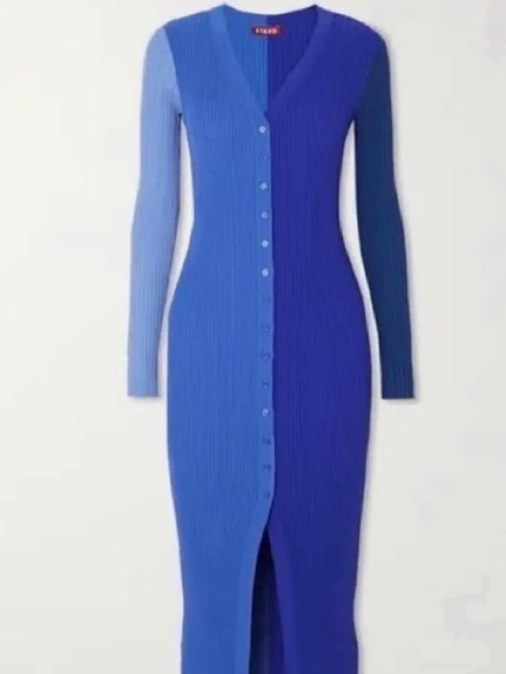 STAUD Shoko Multicolor Blue Ribbed Button-Front Long-Sleeve Dress